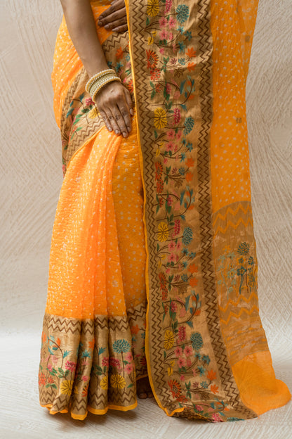 Kota Doria Booti Paithani Meenakari Yellow Bandhej Saree