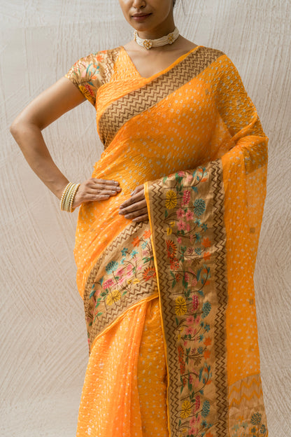 Kota Doria Booti Paithani Meenakari Yellow Bandhej Saree