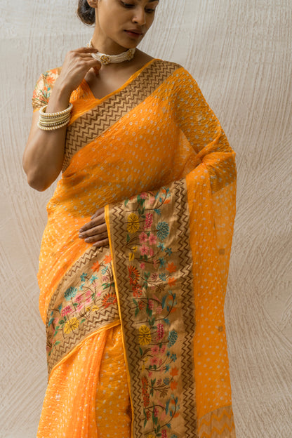Kota Doria Booti Paithani Meenakari Yellow Bandhej Saree