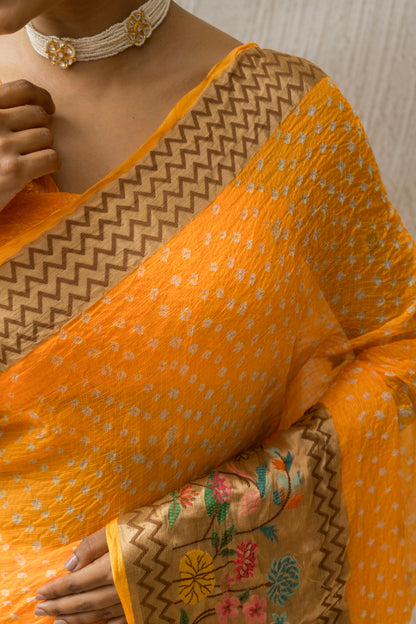 Kota Doria Booti Paithani Meenakari Yellow Bandhej Saree