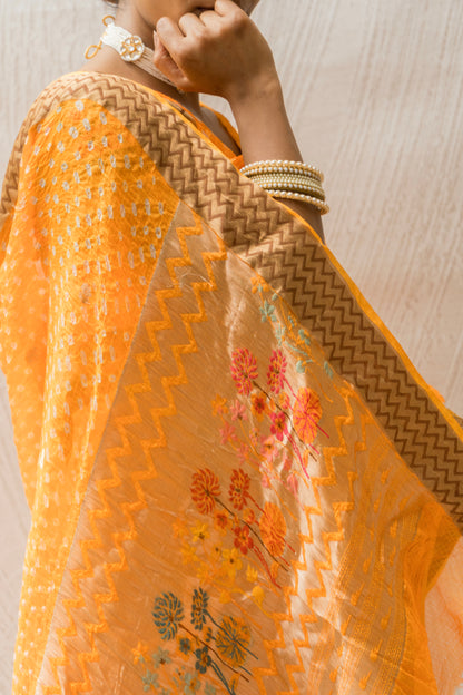 Kota Doria Booti Paithani Meenakari Yellow Bandhej Saree