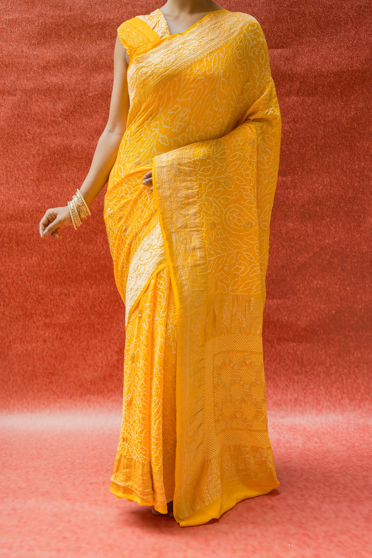 Georgette Boota Rai Dana Yellow Bandhej Saree