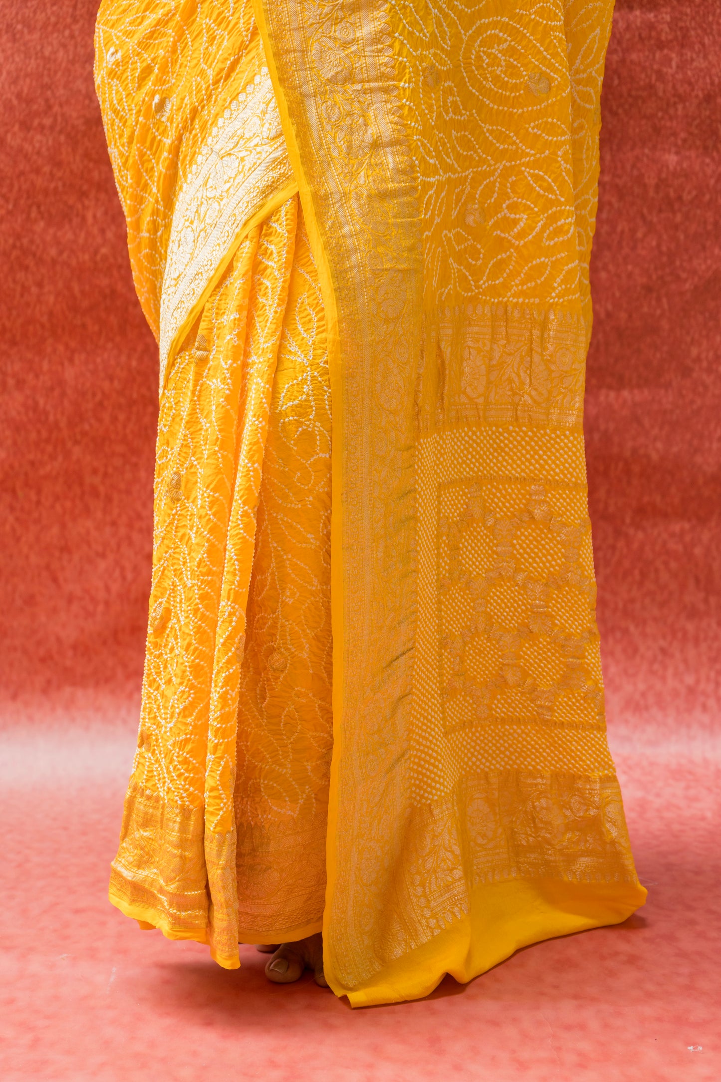 Georgette Boota Rai Dana Yellow Bandhej Saree