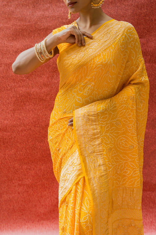 Georgette Boota Rai Dana Yellow Bandhej Saree