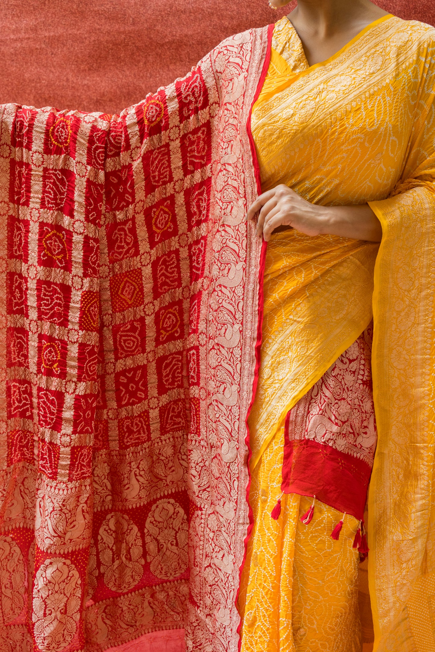 Georgette Boota Rai Dana Yellow Bandhej Saree