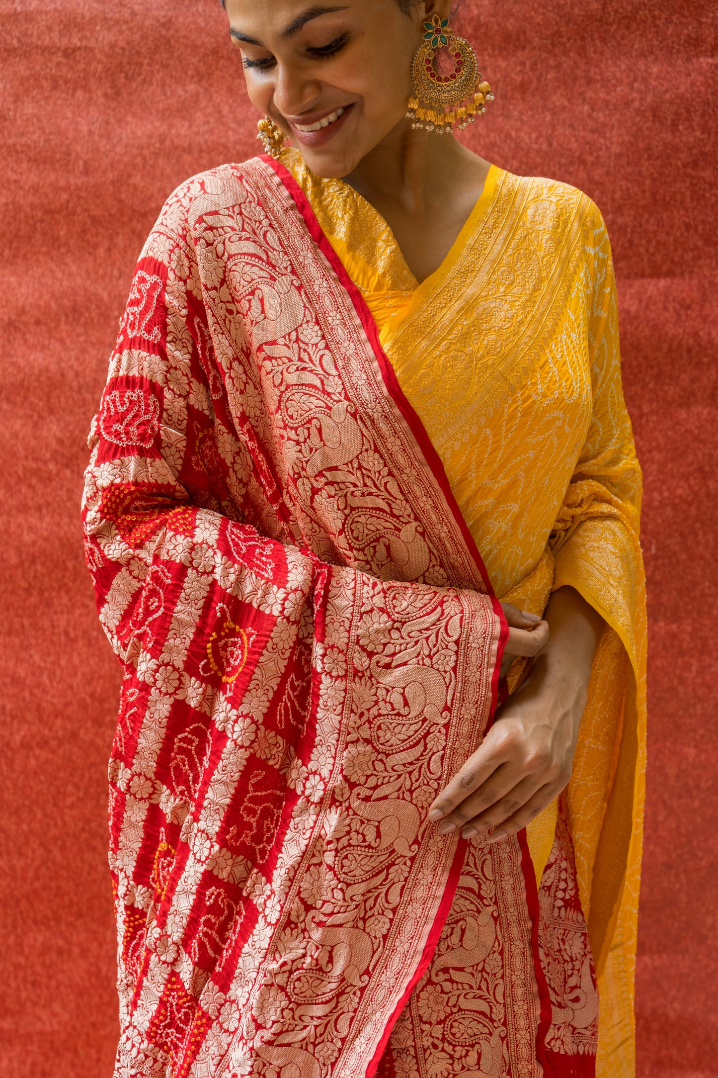 Georgette Boota Rai Dana Yellow Bandhej Saree