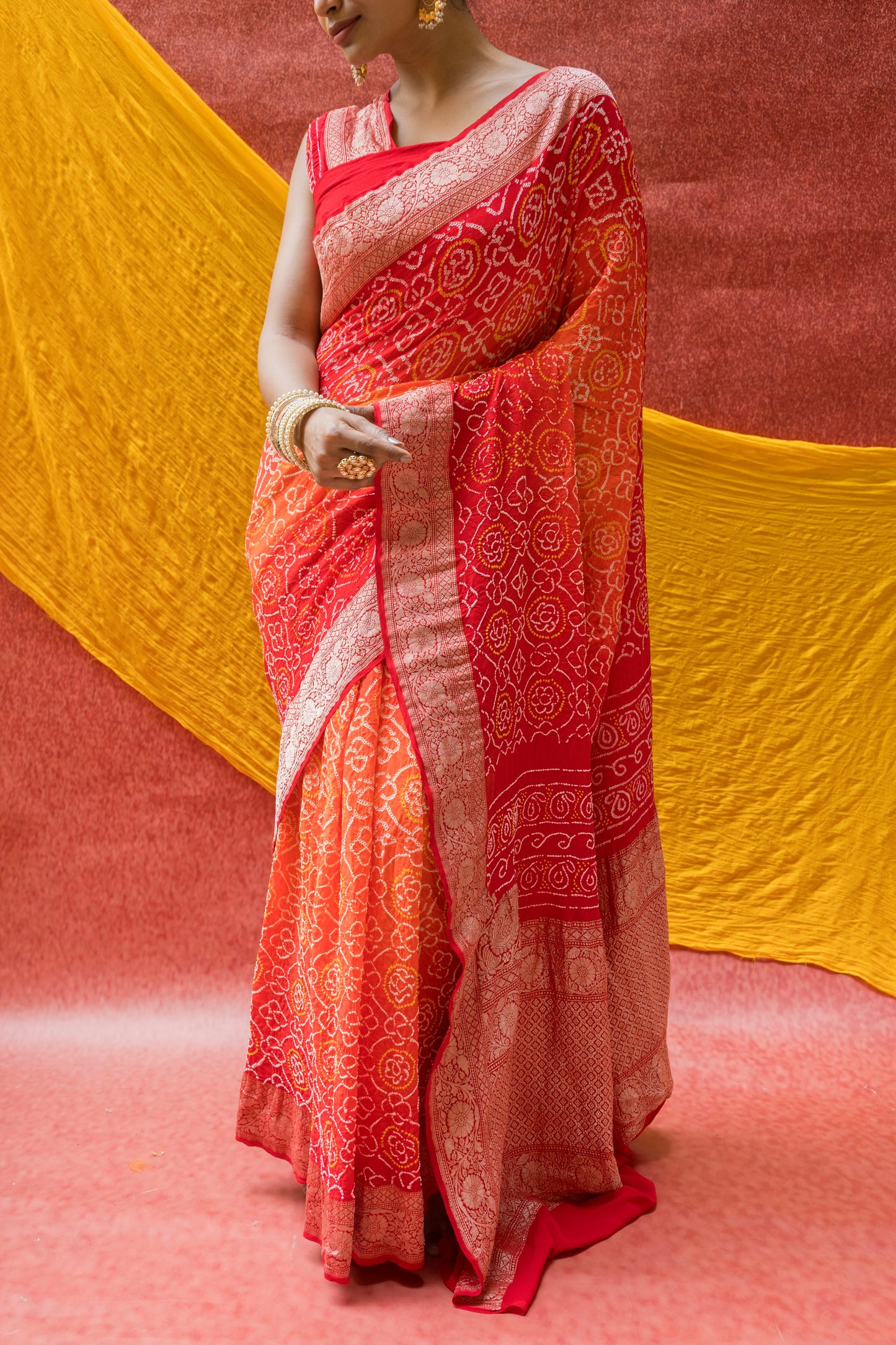 Georgette Rai Dana Ombre Orange Red Bandhej Saree