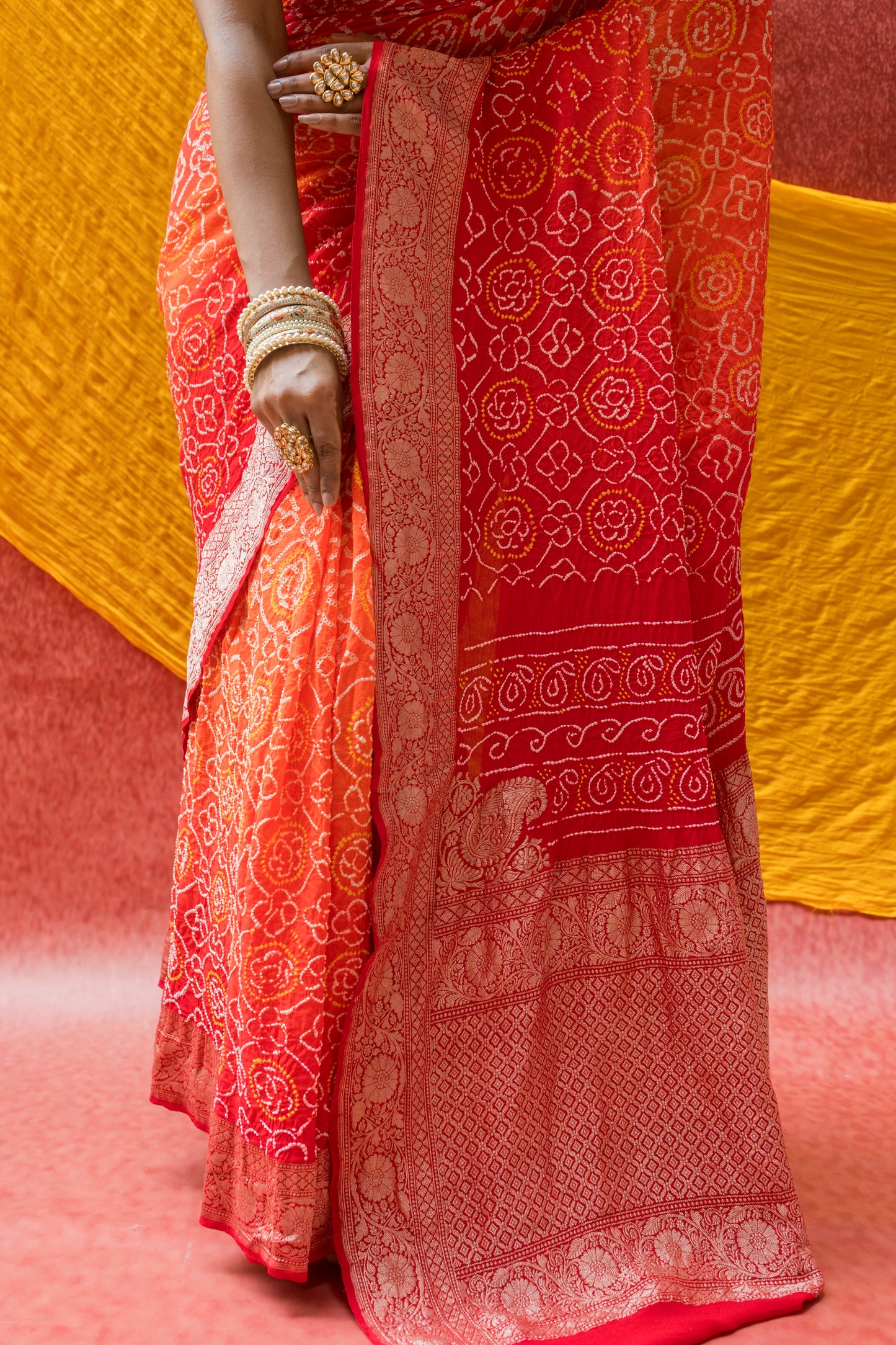 Georgette Rai Dana Ombre Orange Red Bandhej Saree
