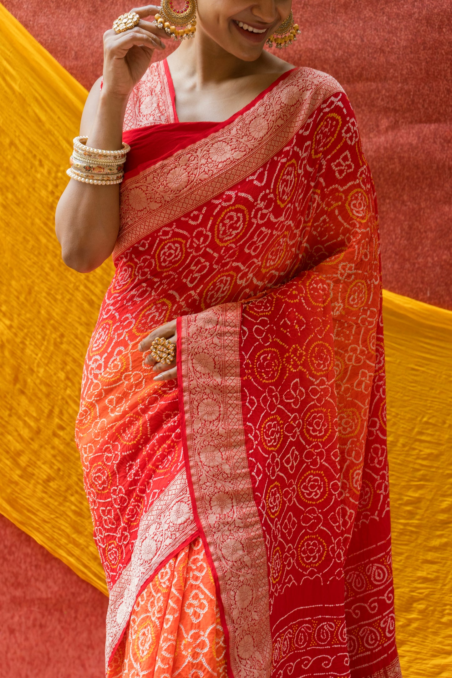 Georgette Rai Dana Ombre Orange Red Bandhej Saree
