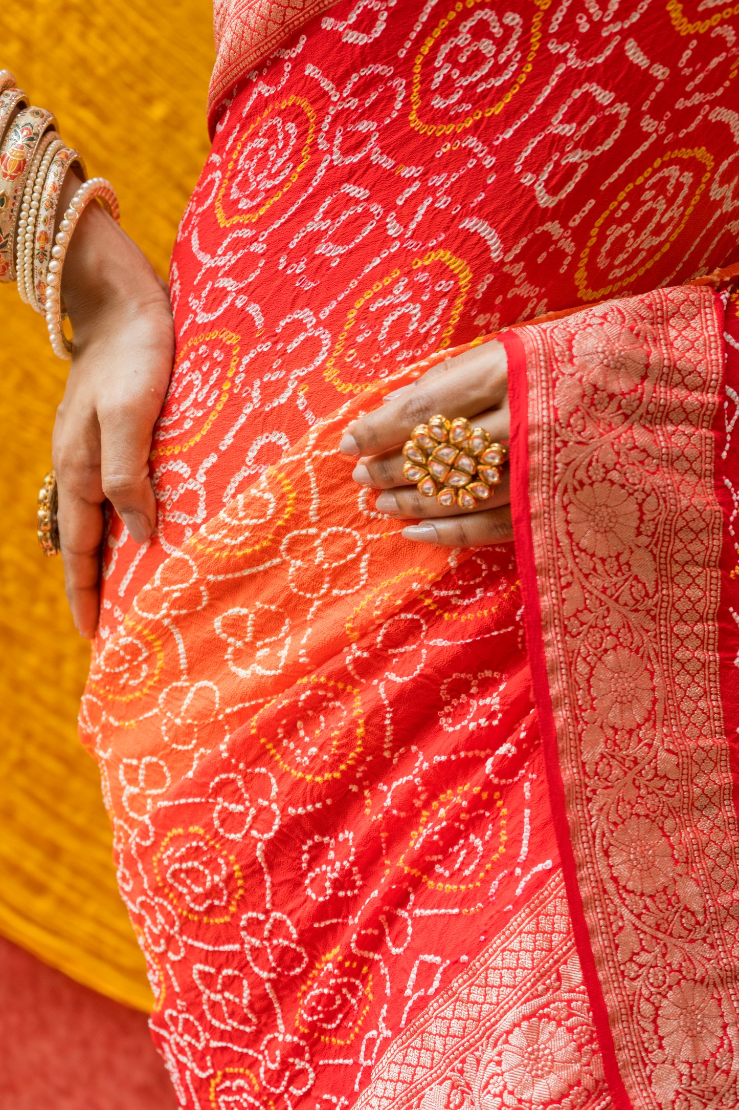 Georgette Rai Dana Ombre Orange Red Bandhej Saree