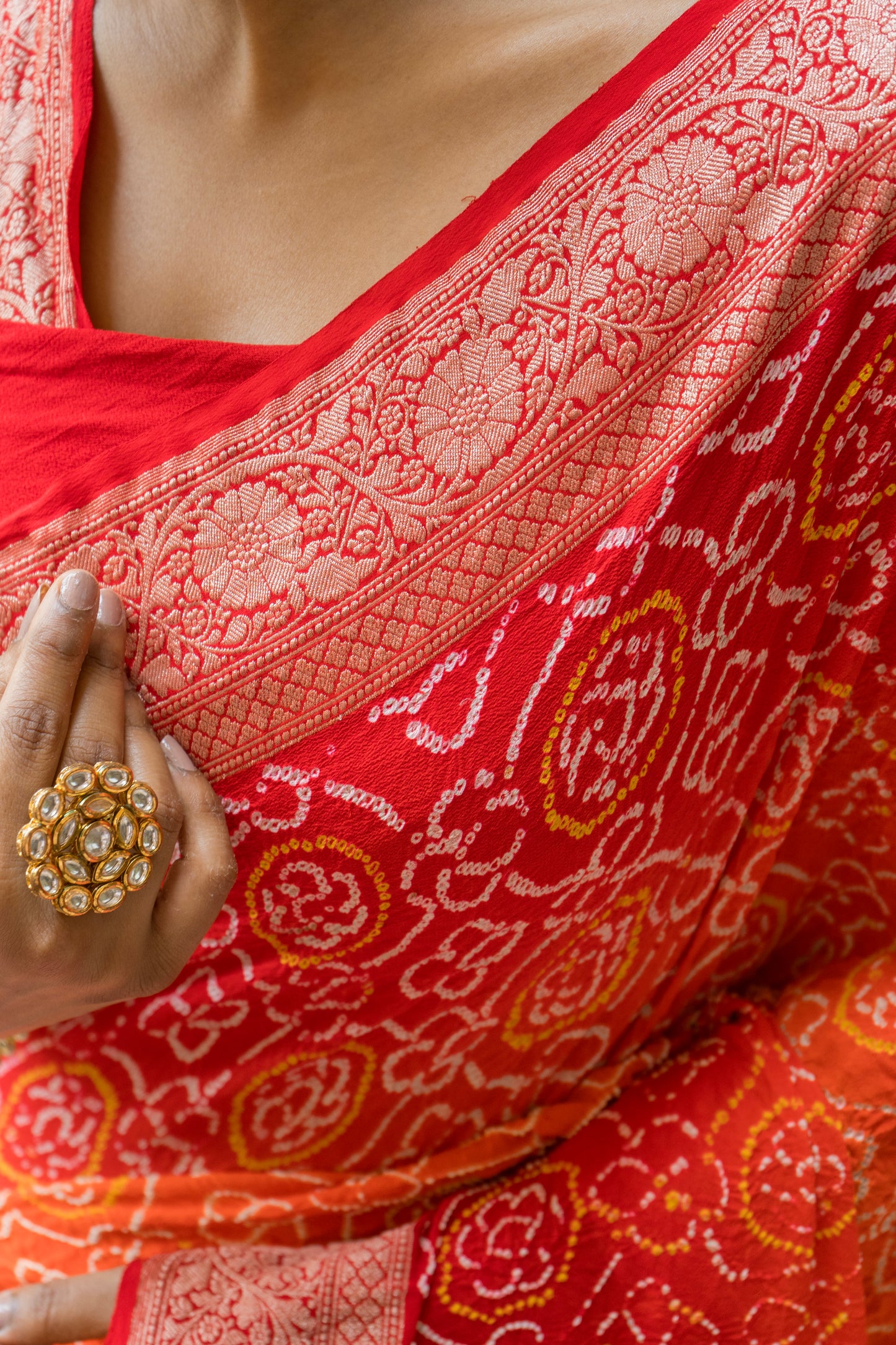 Georgette Rai Dana Ombre Orange Red Bandhej Saree