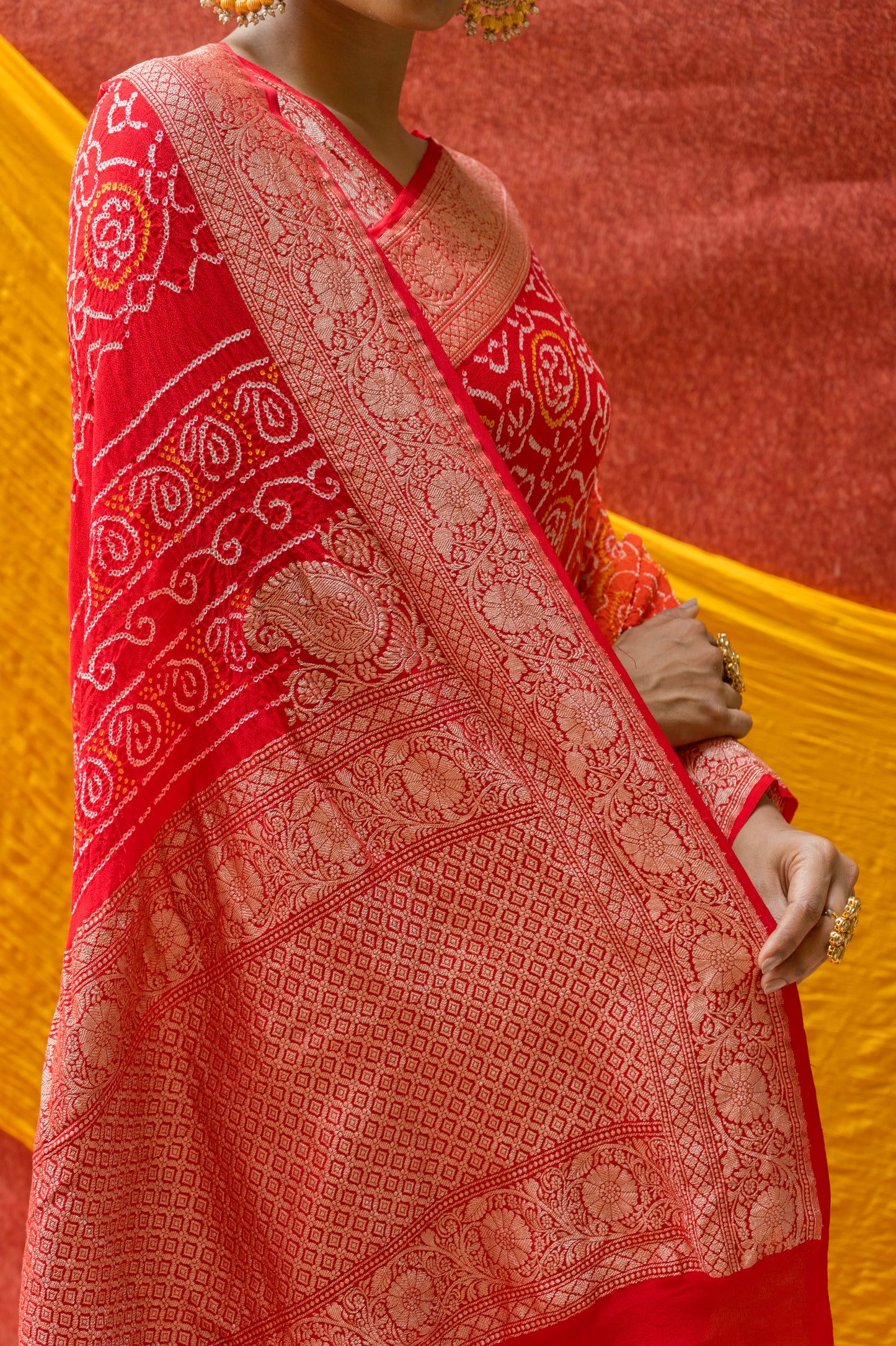 Georgette Rai Dana Ombre Orange Red Bandhej Saree