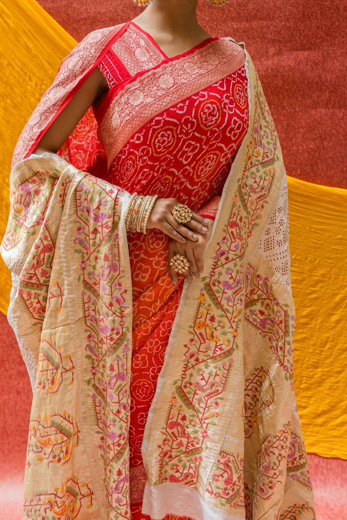 Georgette Rai Dana Ombre Orange Red Bandhej Saree