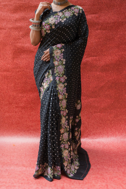 Chiniya Embroidered Black Bandhej Saree