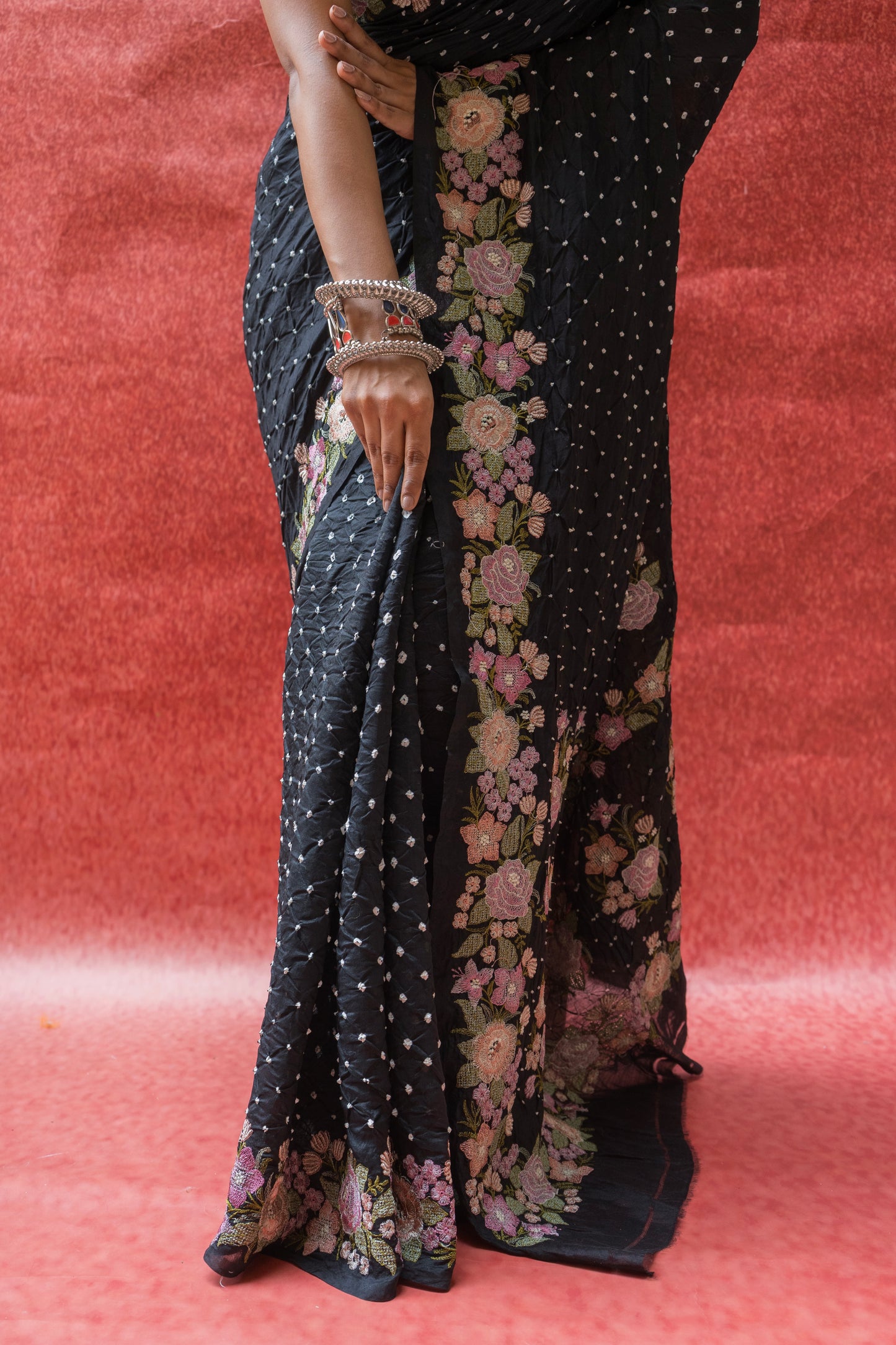 Chiniya Embroidered Black Bandhej Saree