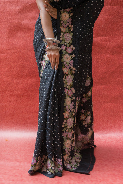 Chiniya Embroidered Black Bandhej Saree