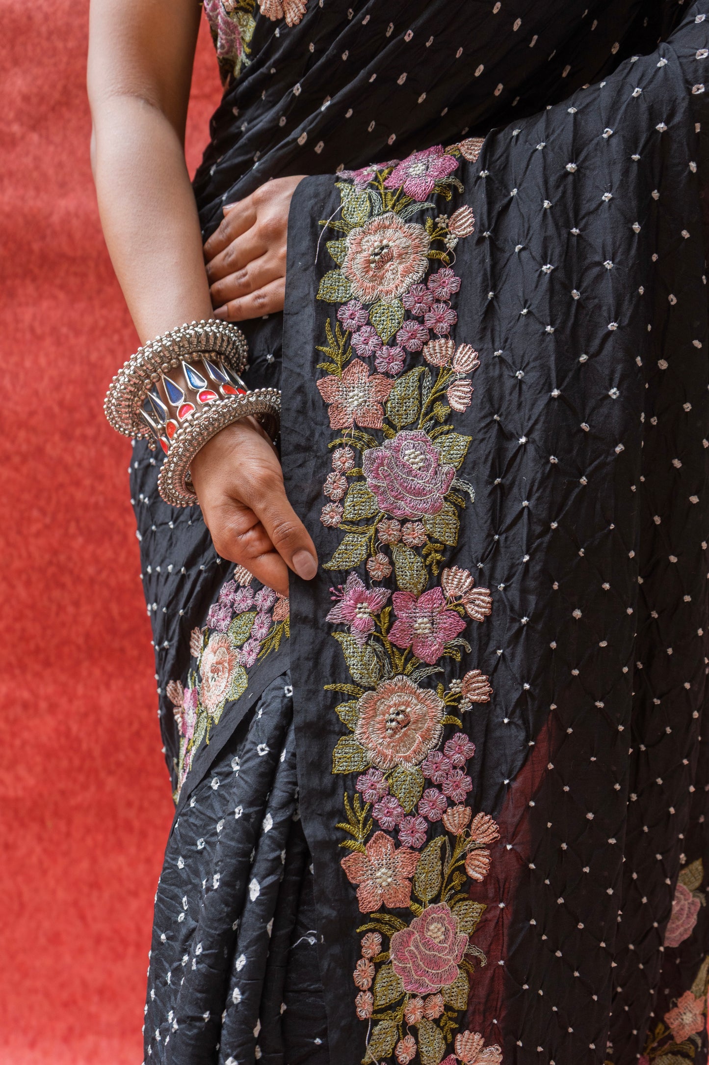 Chiniya Embroidered Black Bandhej Saree