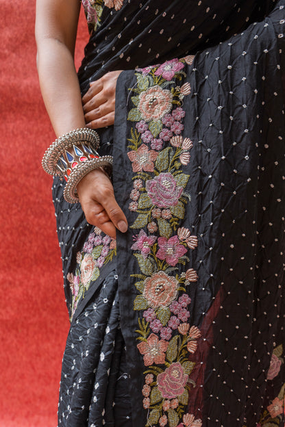 Chiniya Embroidered Black Bandhej Saree