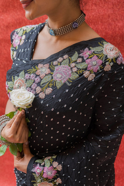 Chiniya Embroidered Black Bandhej Saree