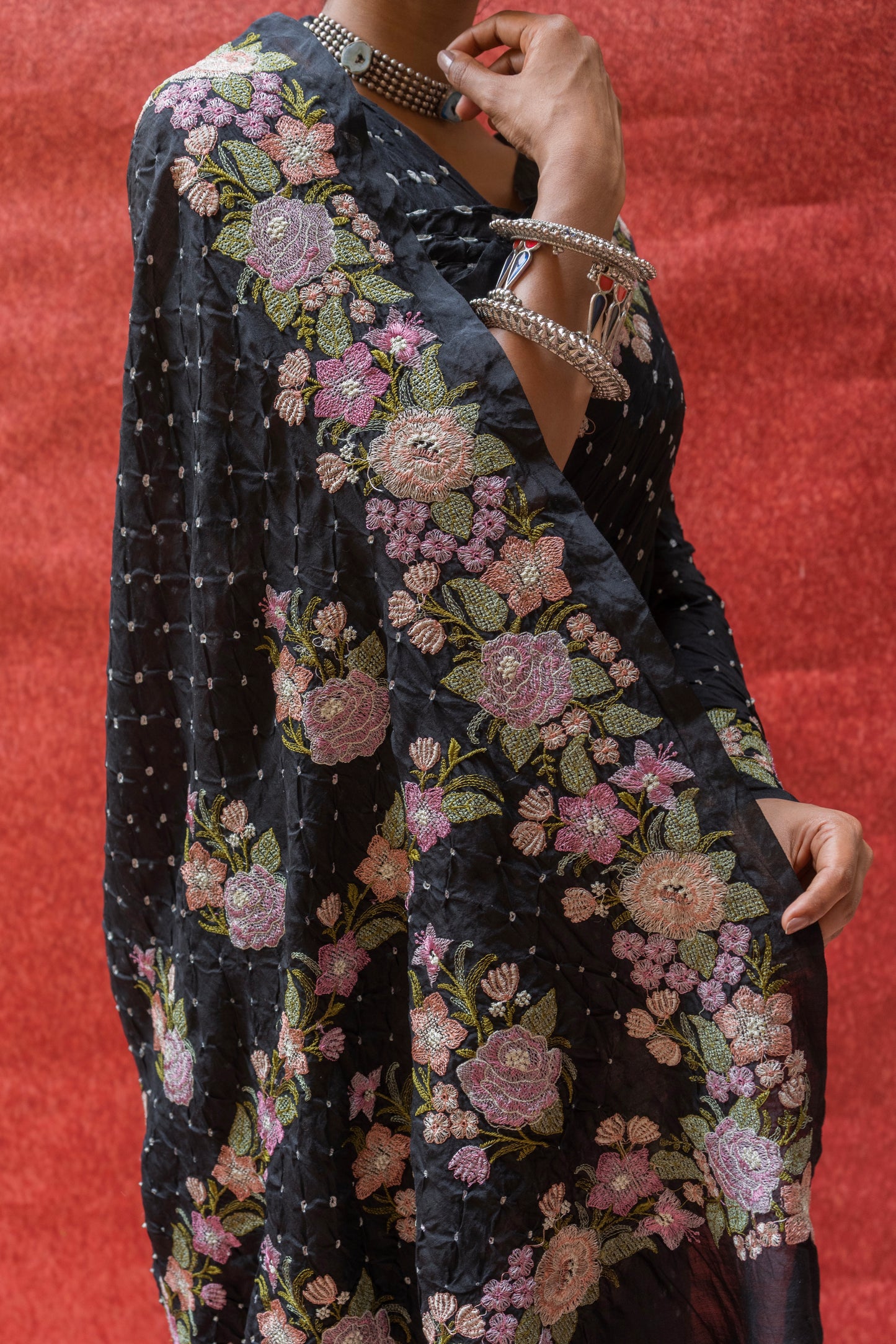 Chiniya Embroidered Black Bandhej Saree