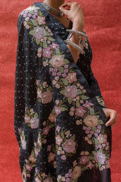 Chiniya Embroidered Black Bandhej Saree