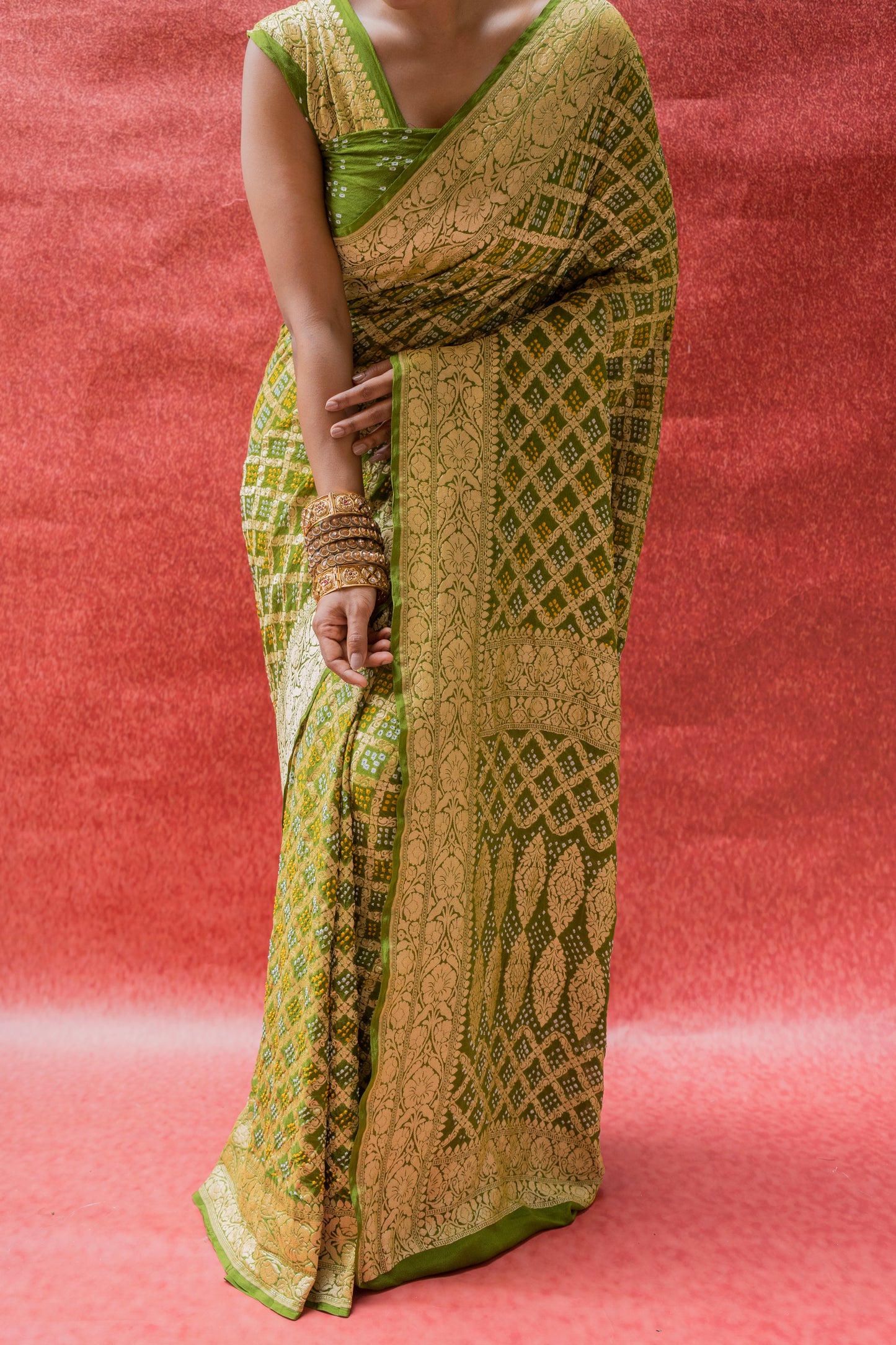 Georgette Neemzari Jaal Green Bandhej Saree