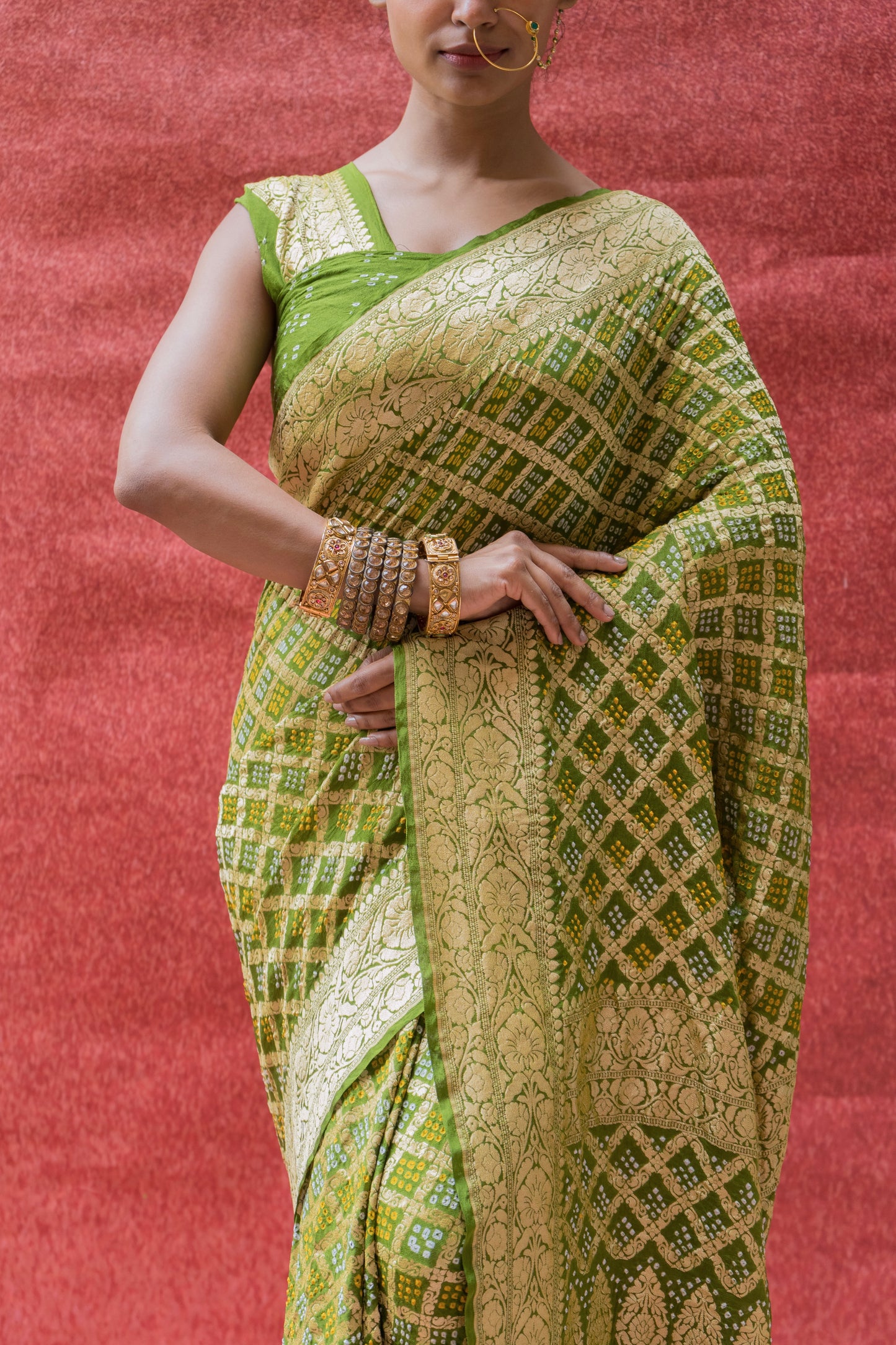 Georgette Neemzari Jaal Green Bandhej Saree