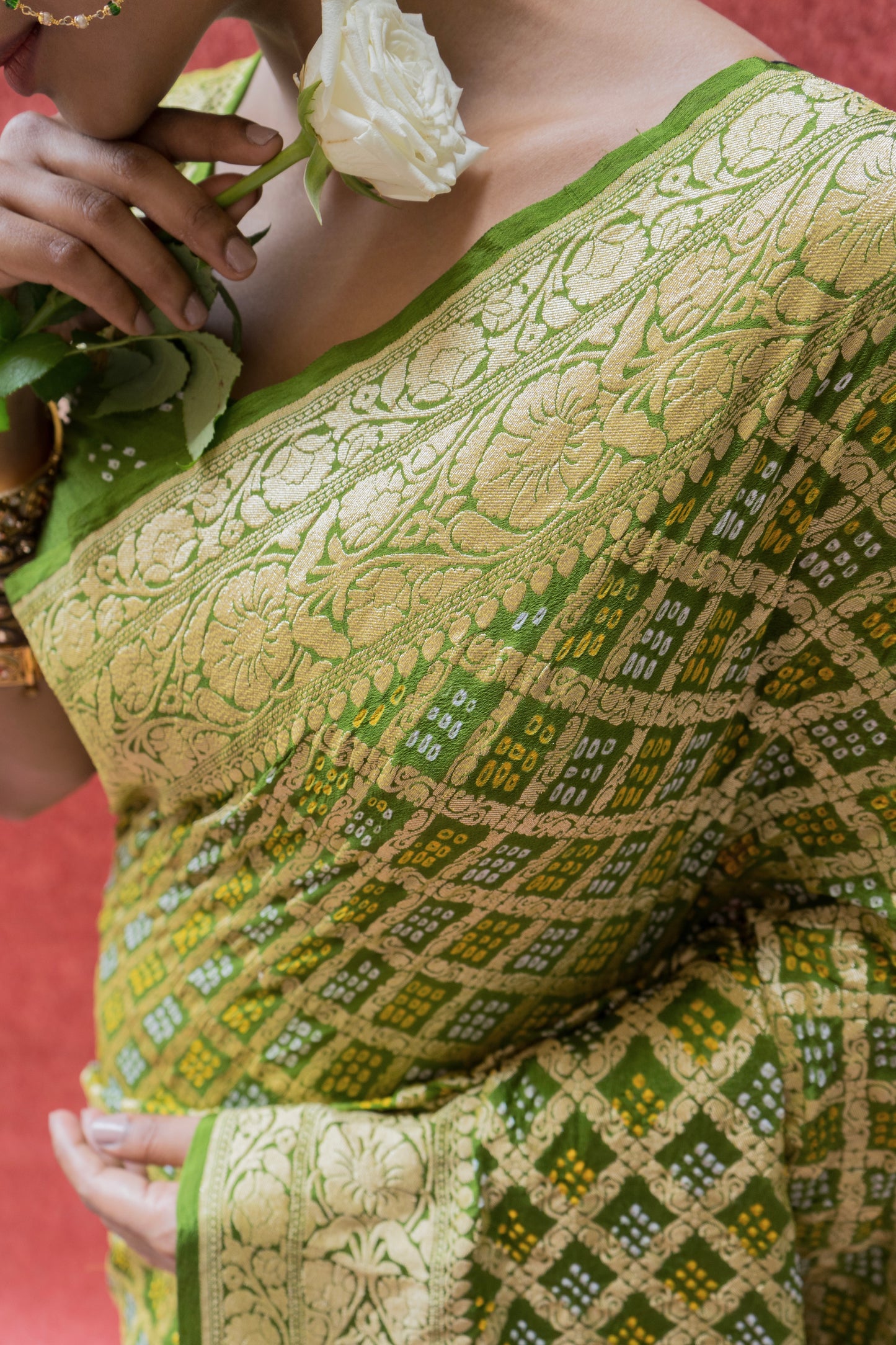 Georgette Neemzari Jaal Green Bandhej Saree