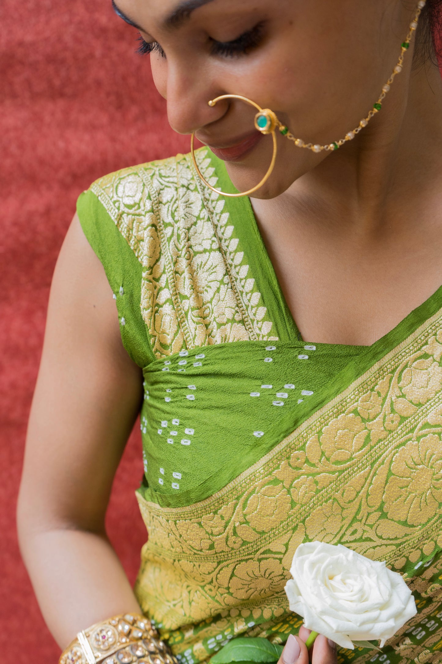 Georgette Neemzari Jaal Green Bandhej Saree