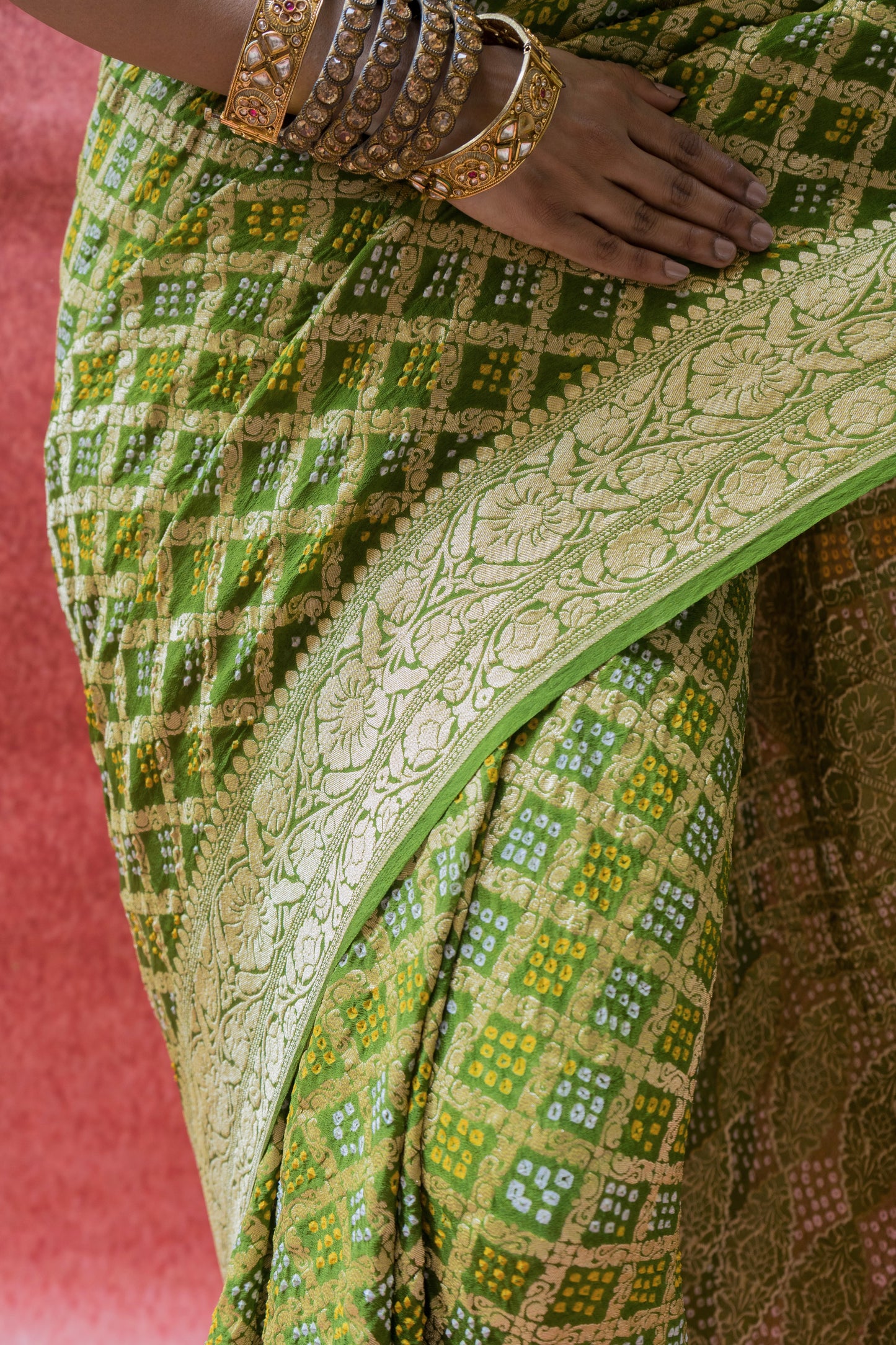 Georgette Neemzari Jaal Green Bandhej Saree