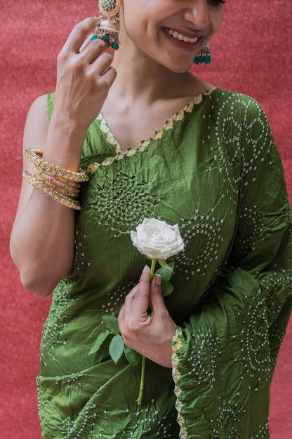 Mulberry Rai Dana Green Bandhej Saree