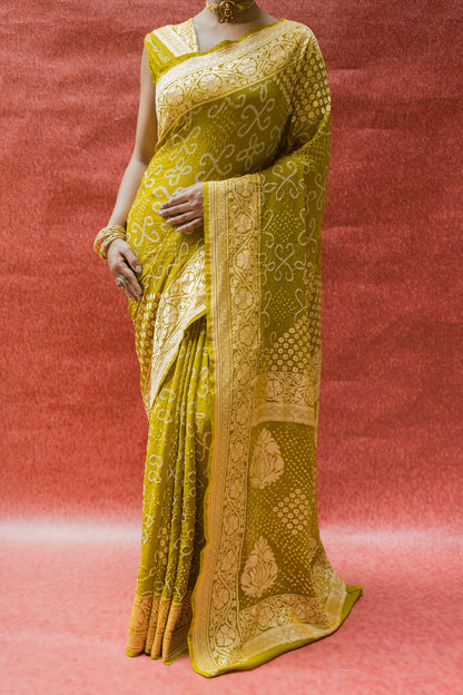 Georgette Booti Rai Dana Lime Green Bandhej Saree