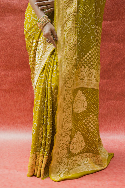 Georgette Booti Rai Dana Lime Green Bandhej Saree
