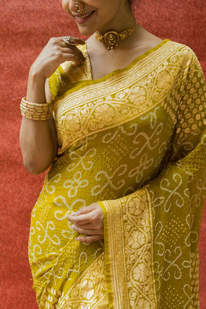 Georgette Booti Rai Dana Lime Green Bandhej Saree