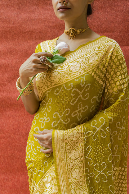Georgette Booti Rai Dana Lime Green Bandhej Saree