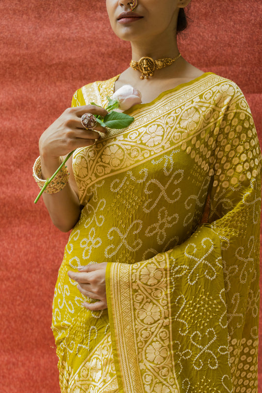 Georgette Booti Rai Dana Lime Green Bandhej Saree