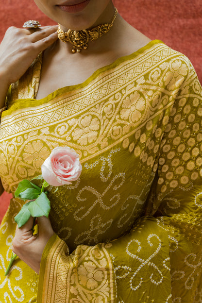 Georgette Booti Rai Dana Lime Green Bandhej Saree