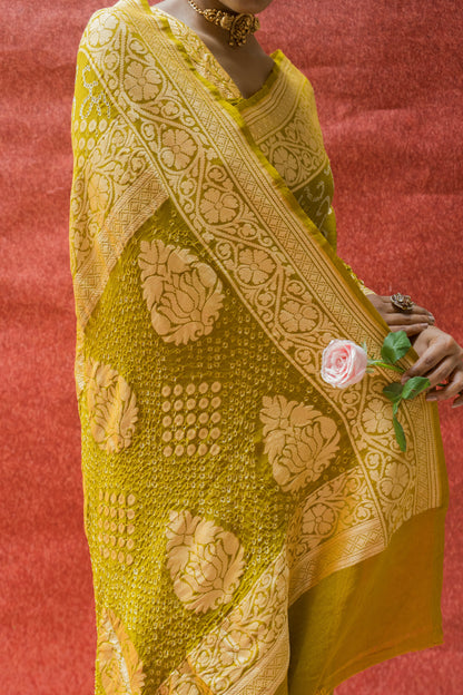 Georgette Booti Rai Dana Lime Green Bandhej Saree