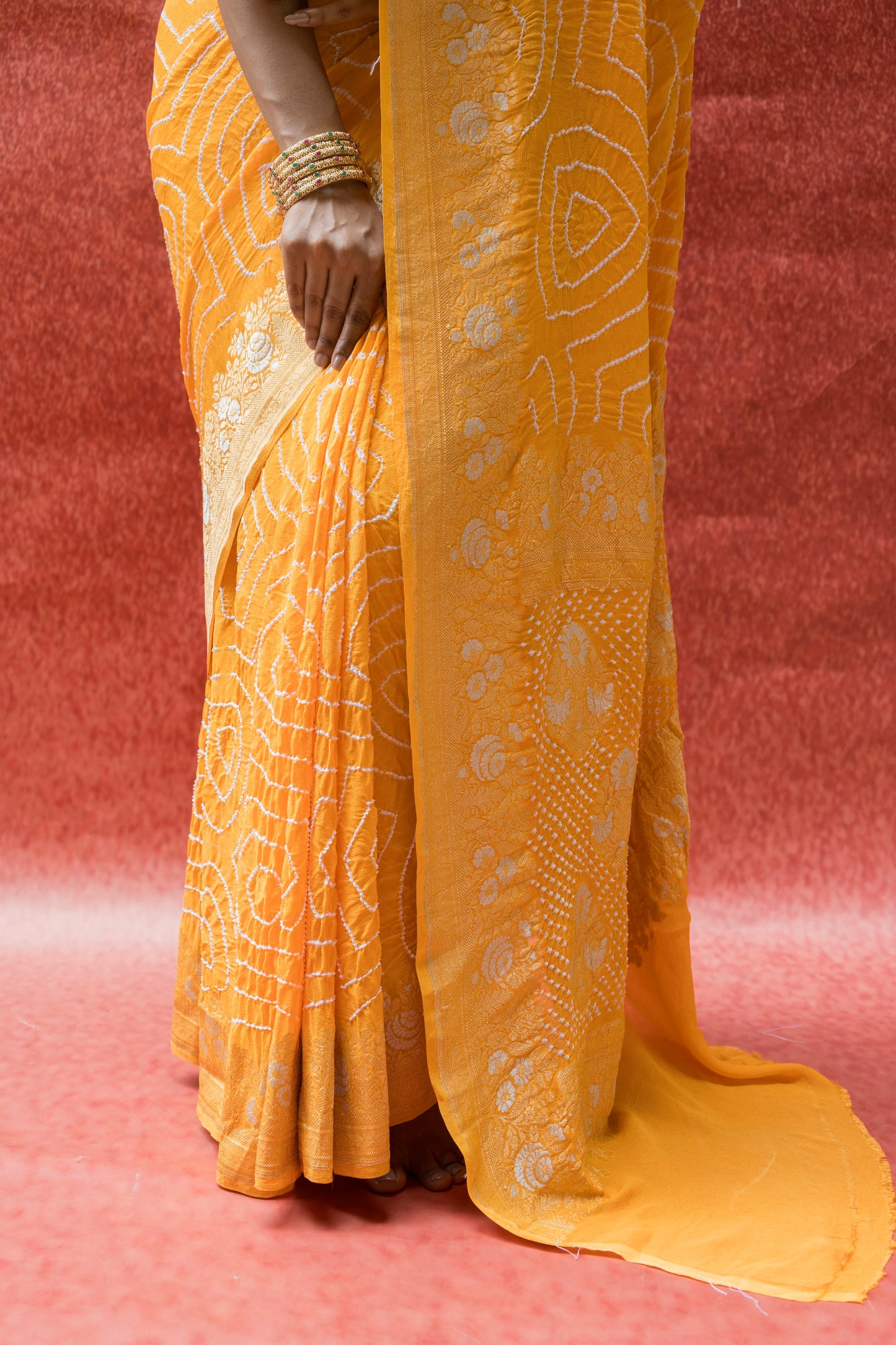 Georgette Sona Rupa Floral Mango Yellow Bandhej Saree