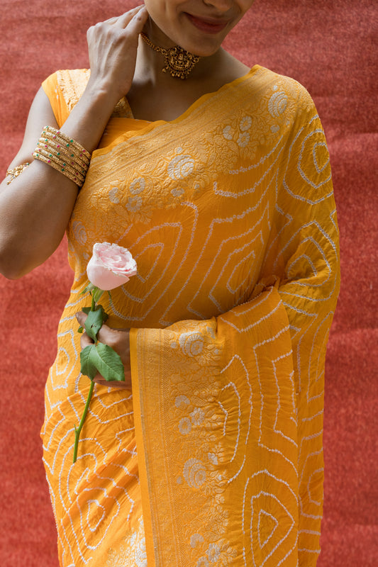 Georgette Sona Rupa Floral Mango Yellow Bandhej Saree
