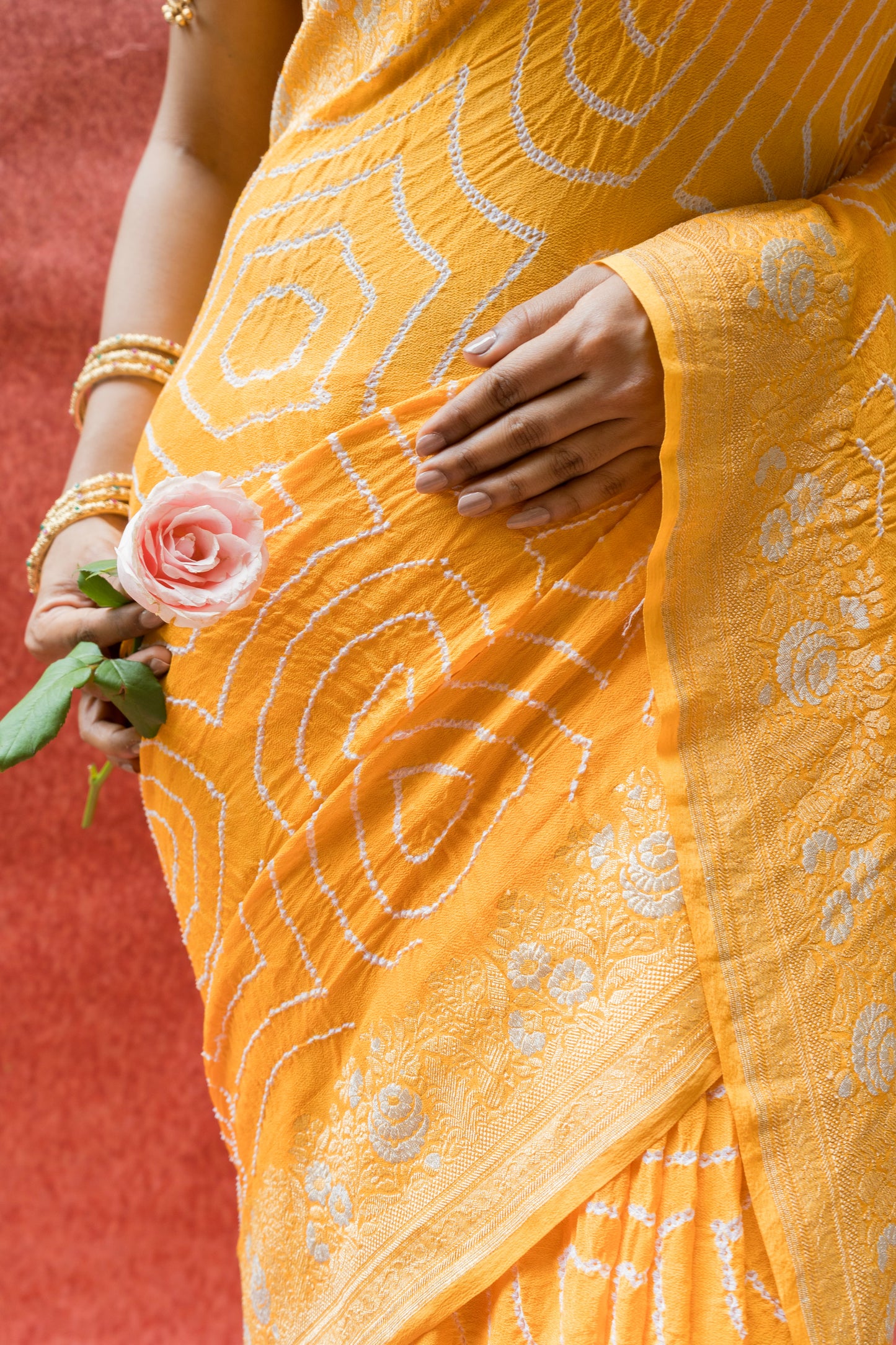 Georgette Sona Rupa Floral Mango Yellow Bandhej Saree