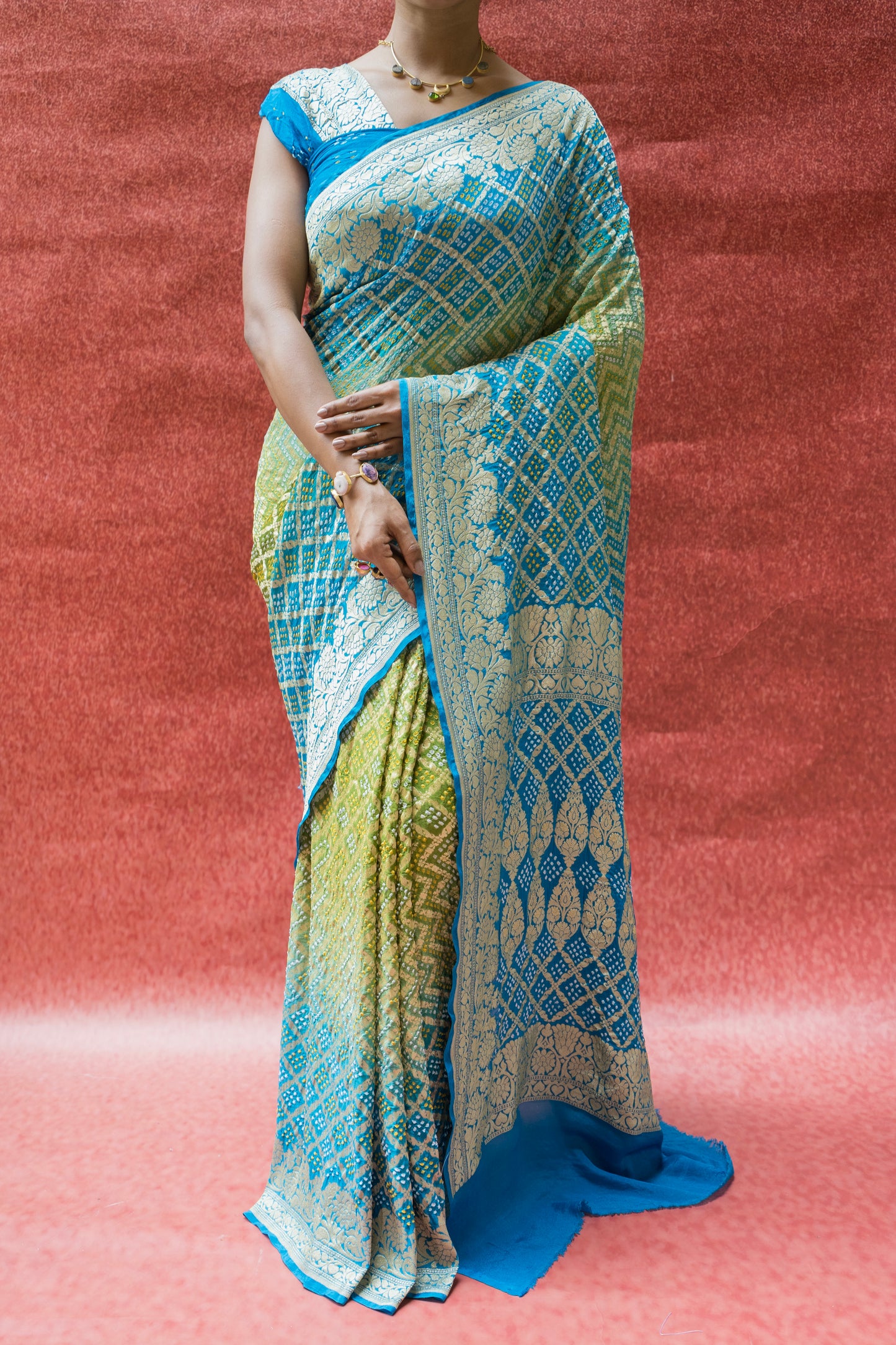 Georgette Neemzari Ombre Blue-Green Bandhej Saree