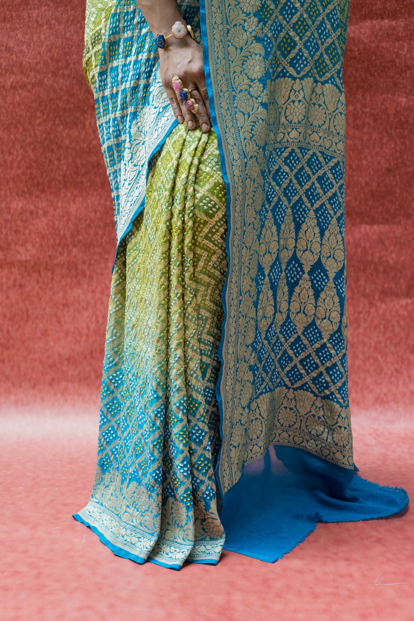 Georgette Neemzari Ombre Blue-Green Bandhej Saree