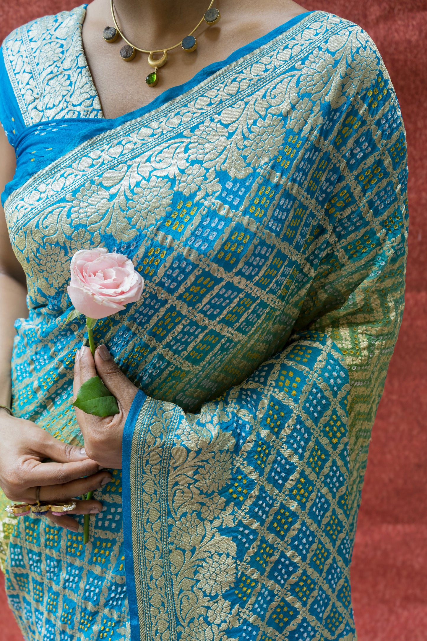 Georgette Neemzari Ombre Blue-Green Bandhej Saree