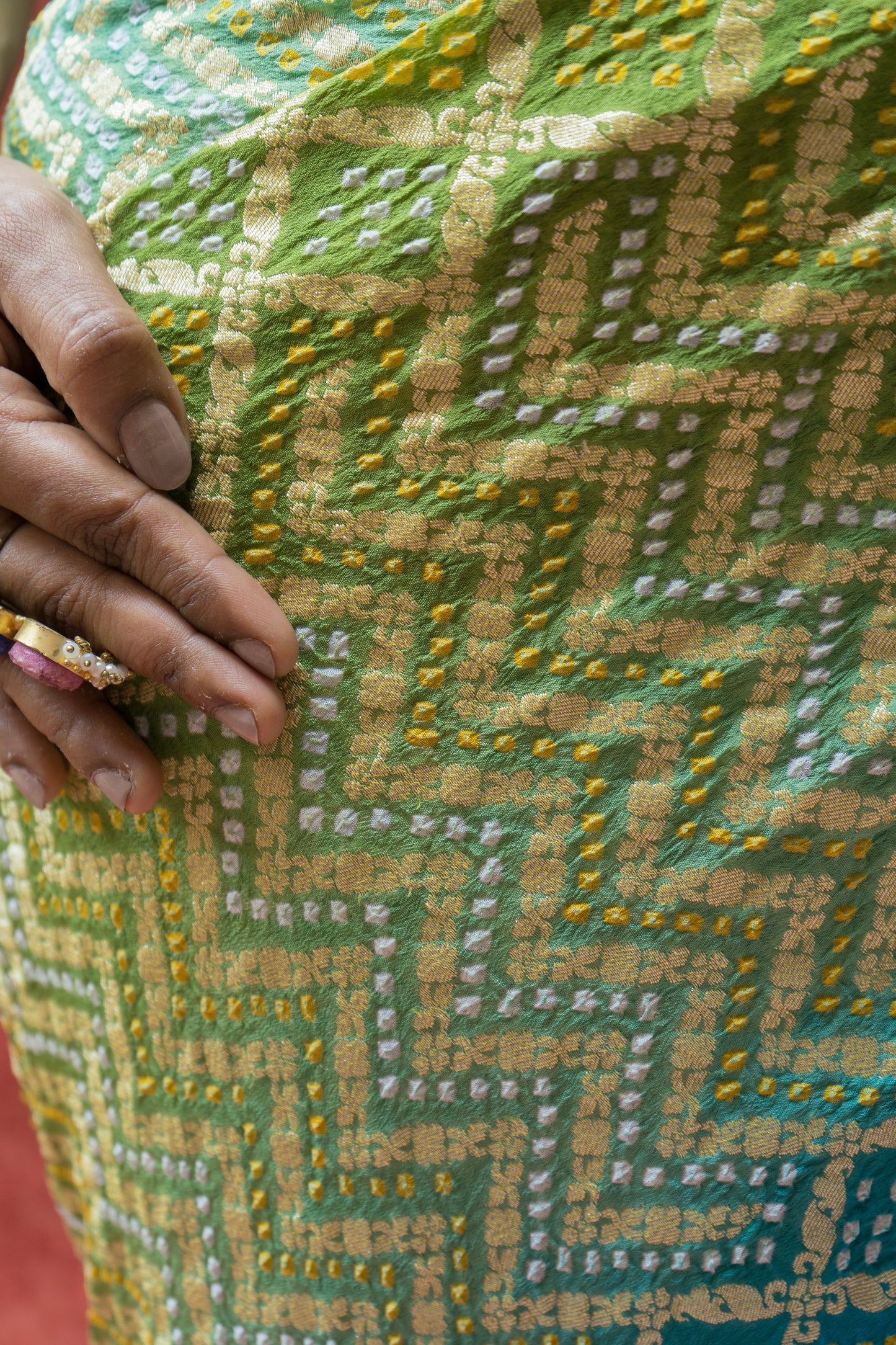 Georgette Neemzari Ombre Blue-Green Bandhej Saree
