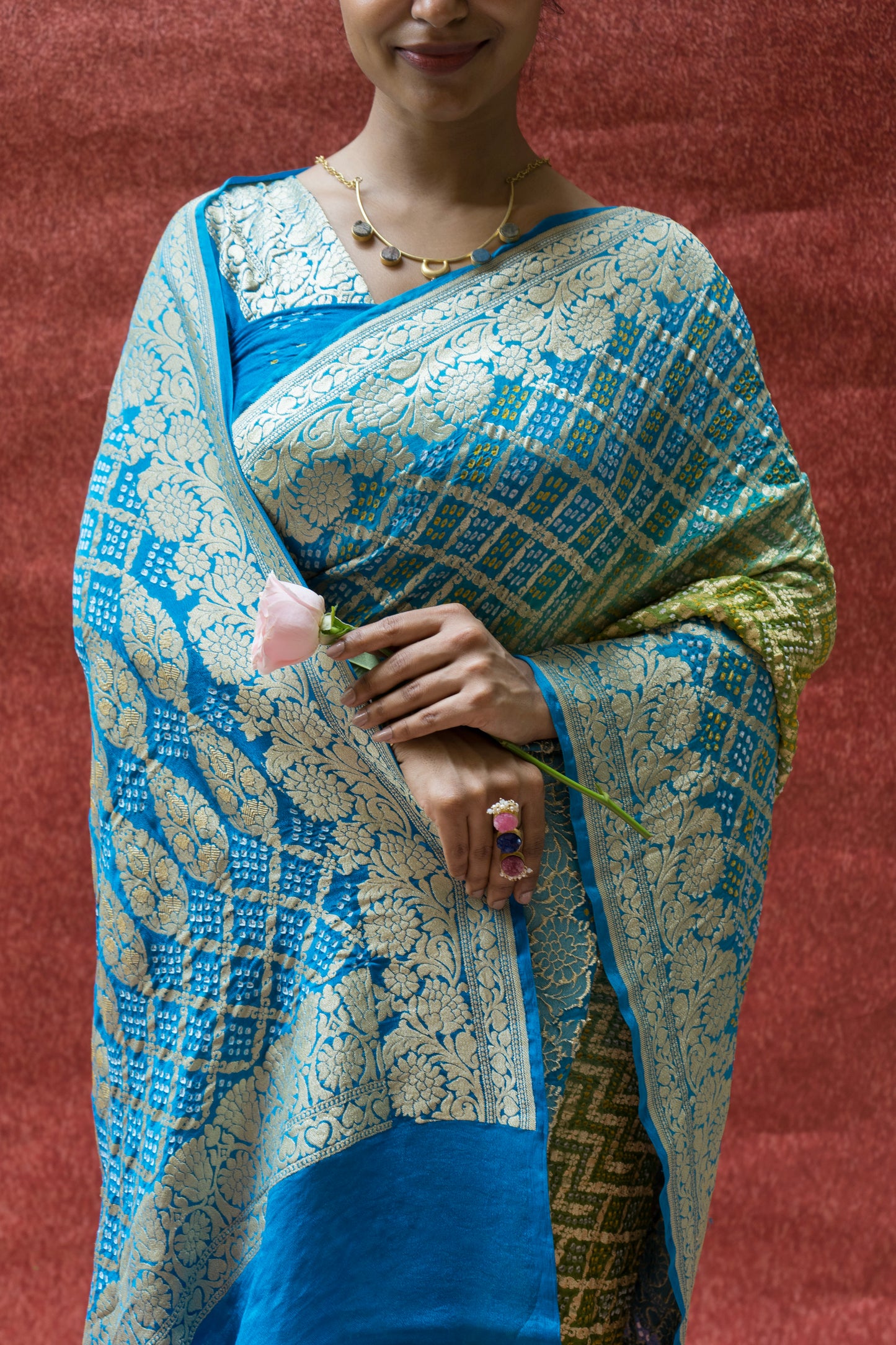 Georgette Neemzari Ombre Blue-Green Bandhej Saree