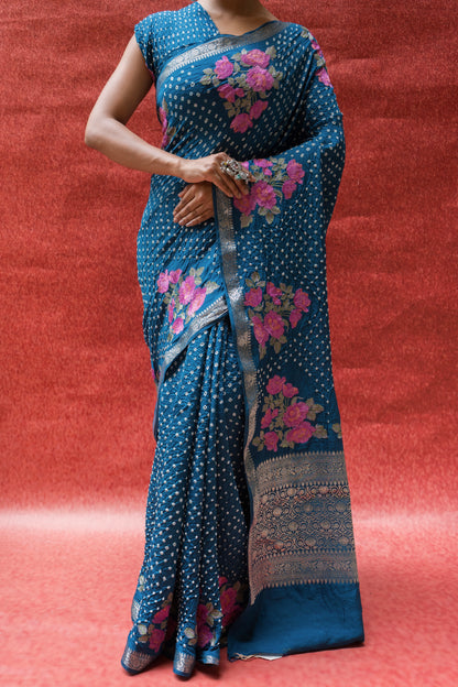 Chiniya Embroidered Royal Blue Bandhej Saree