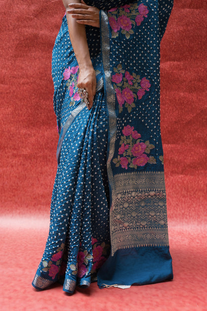 Chiniya Embroidered Royal Blue Bandhej Saree