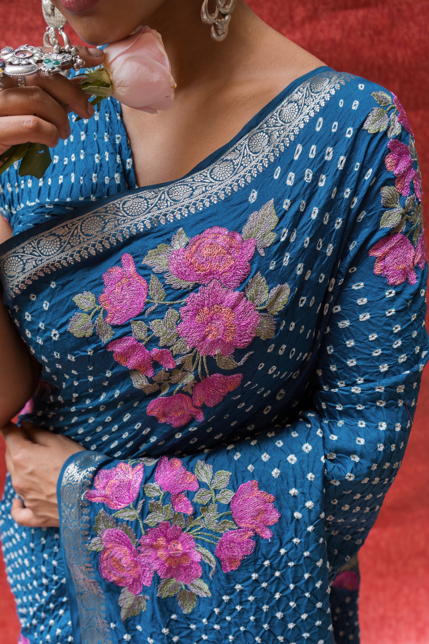 Chiniya Embroidered Royal Blue Bandhej Saree