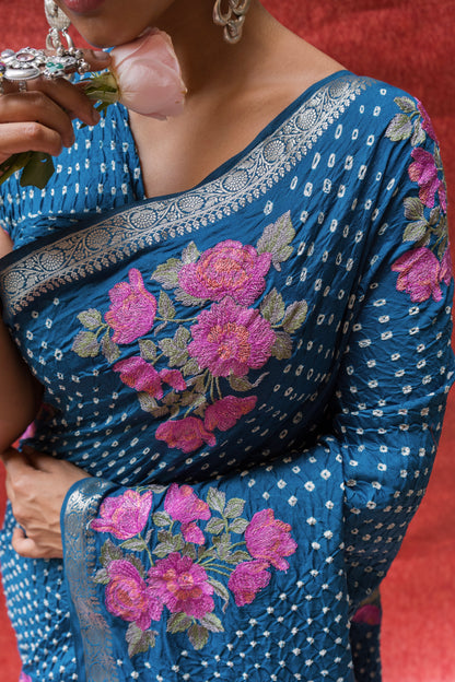 Chiniya Embroidered Royal Blue Bandhej Saree